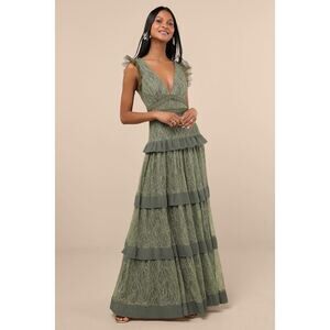 Lulus Marvelous Darling Olive Lace Ruffled Tiered Maxi Dress Green - Size S